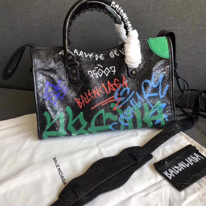BALENCIAG巴黎世家 Graffiti Classic City30cm機車包 手繪彩色塗鴉  爆裂紋羊皮 手提肩背斜挎包  BL1804